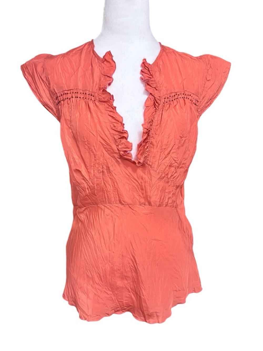 NWT Tristan & Iseut Peach Ruffled Front 100% Silk Romantic Sleeveless Blouse